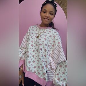 Pink Floral and Striped French Terry Top Long Sleeve